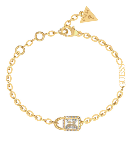 Gold color Guess Jewellery bracelet captured at a 45-degree angle, showcasing its elegant, intricate details and luxurious shine.