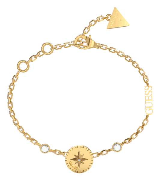 Gold-colored Guess jewellery bracelet, close-up angle, showcasing intricate links and elegant design against a light background.