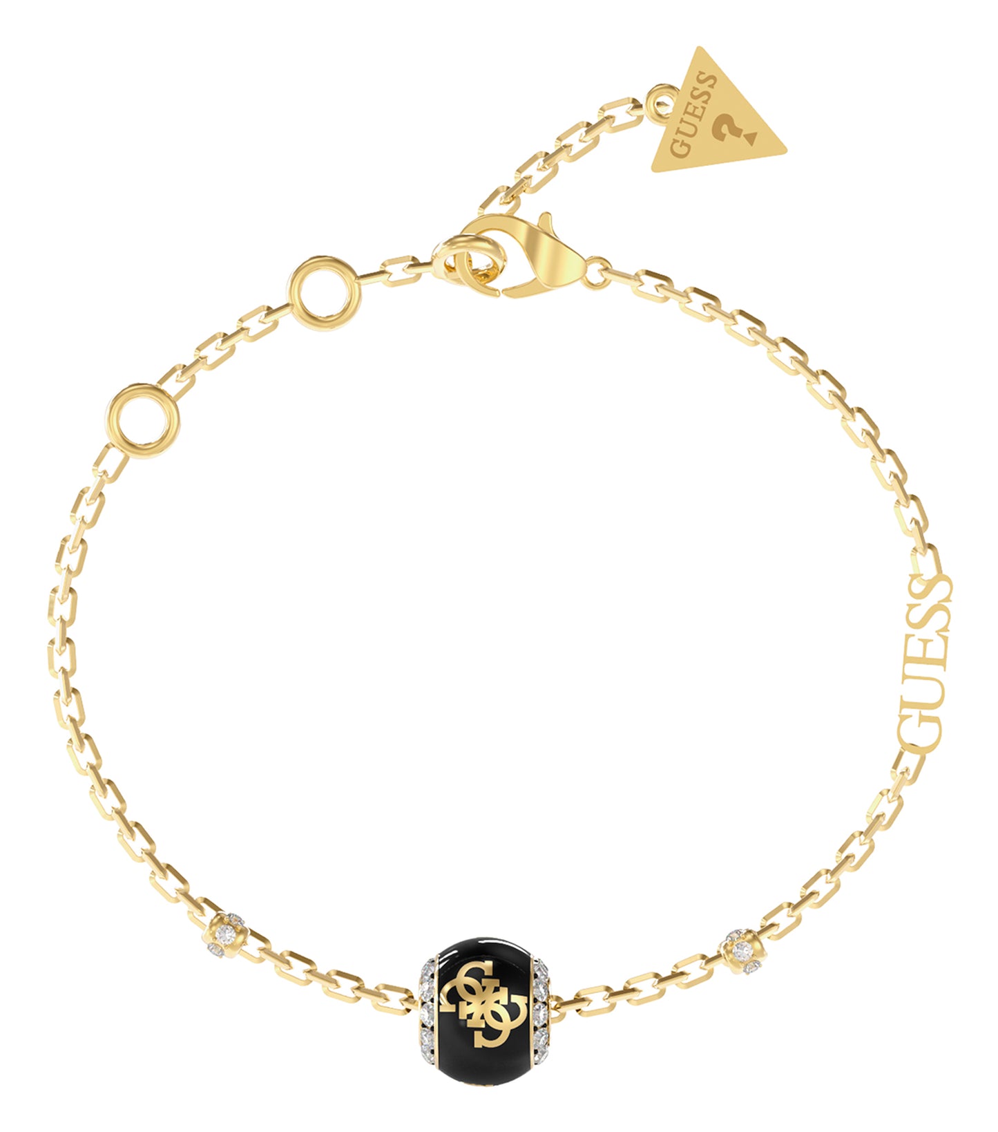 Elegant gold Guess Jewellery bracelet, laying flat, highlighting its intricate chain design from an angled side view.