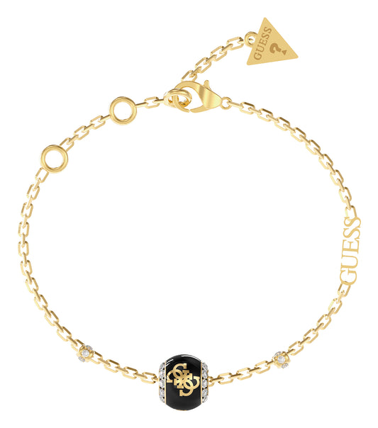 Elegant gold Guess Jewellery bracelet, laying flat, highlighting its intricate chain design from an angled side view.