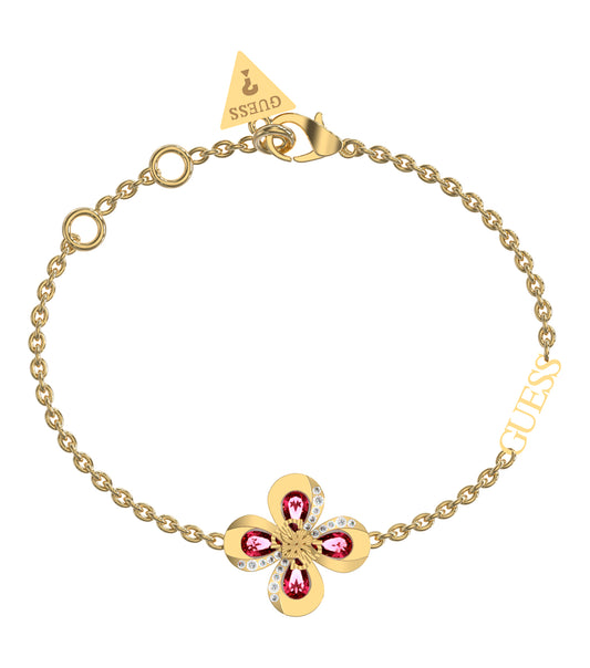 Gold Guess Jewellery bracelet, stylish and elegant, shining in the spotlight, angled slightly to the right for a chic view.