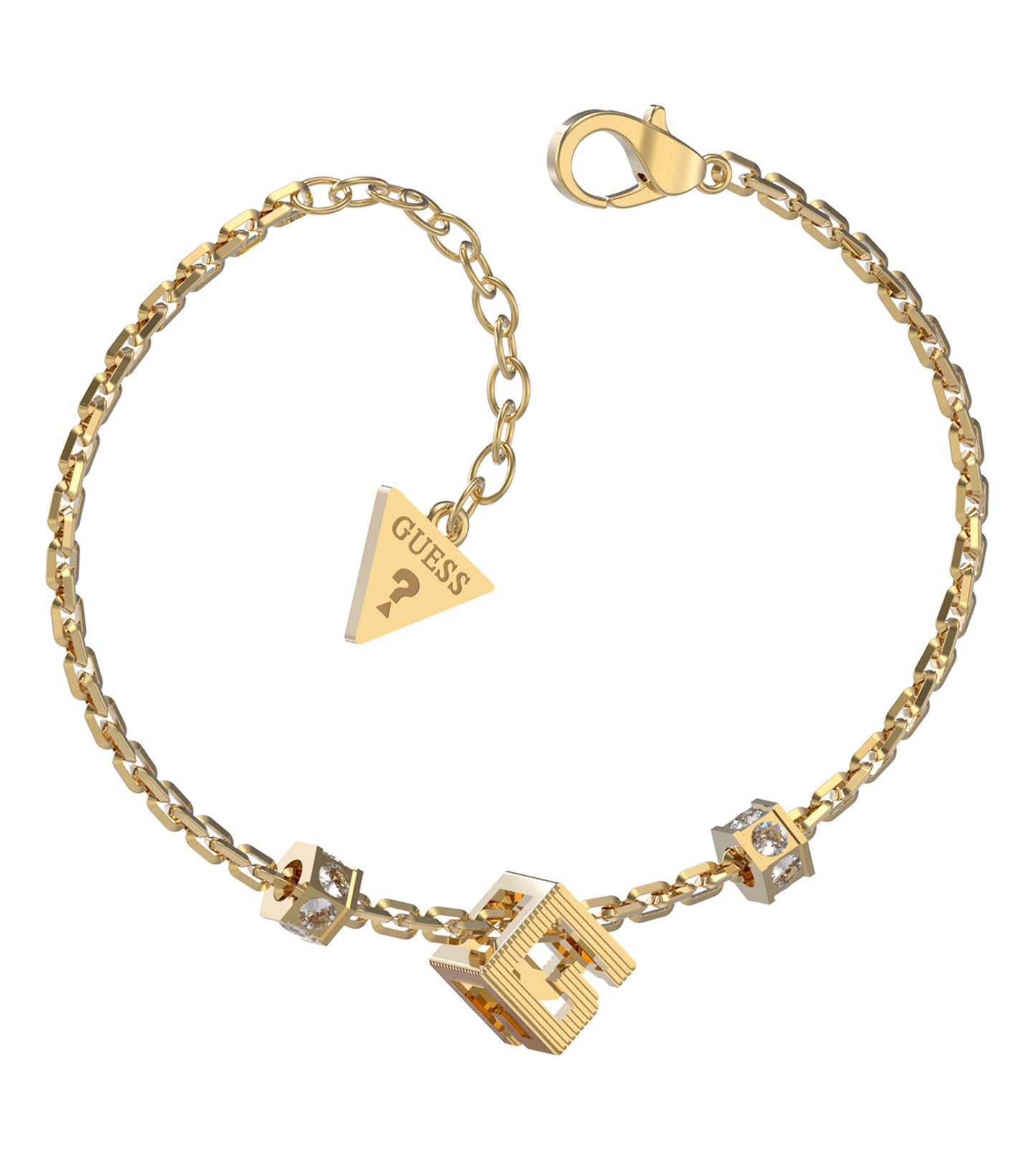 Elegant Guess Jewellery gold bracelet with polished finish, showcased at an overhead angle, highlighting its luxurious shine.