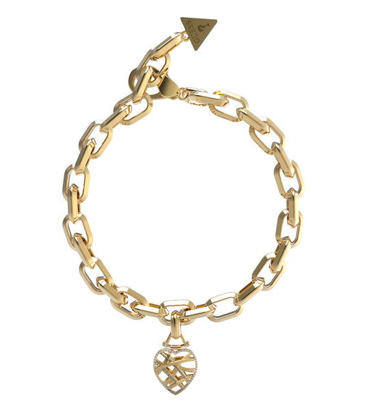  Guess Jewellery gold bracelet displayed at an angle showcasing intricate design details and sparkling finish.