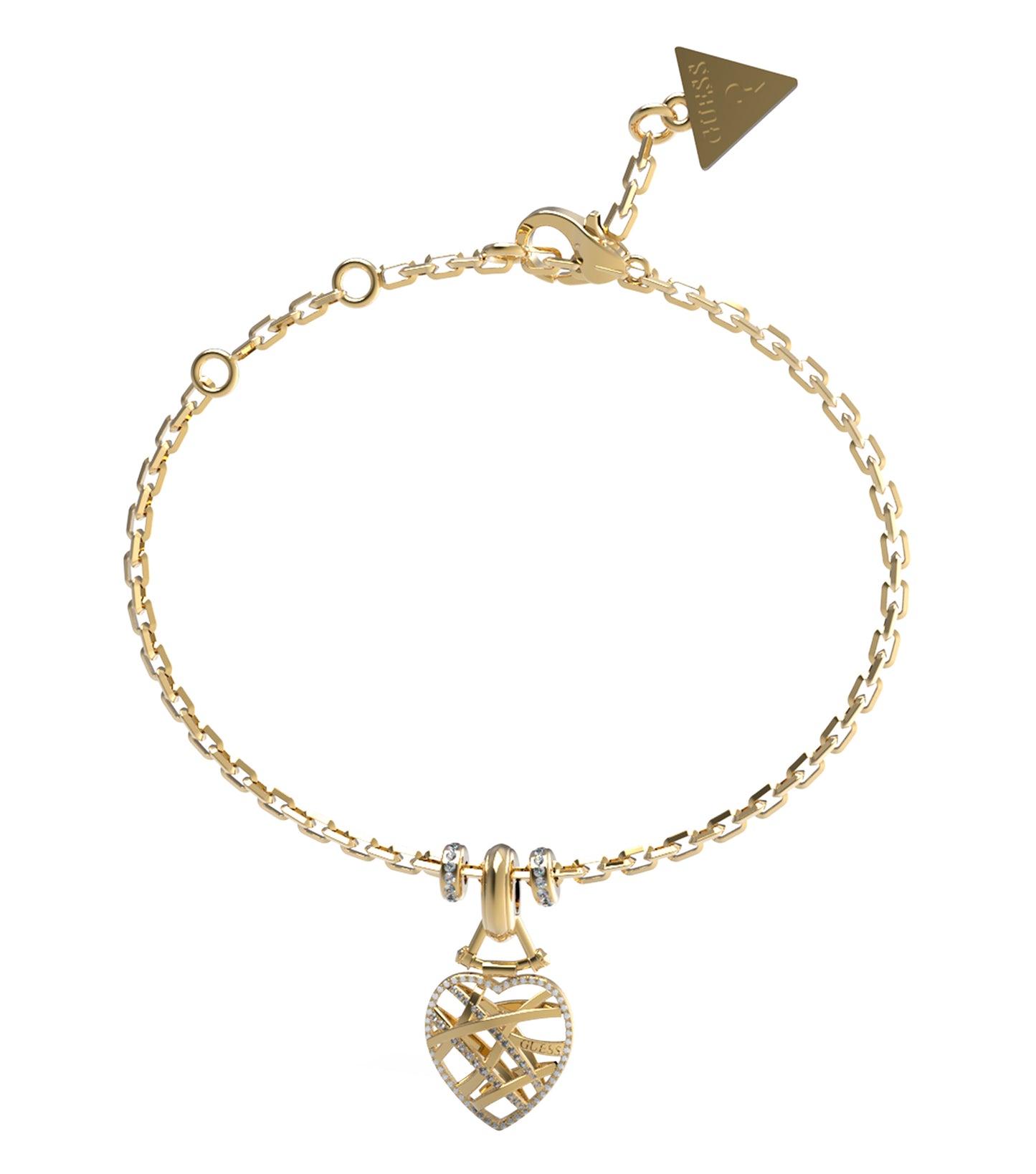 Angle view of elegant Guess Jewellery gold bracelet with detailed chain links, showcasing its luxurious design and shine.