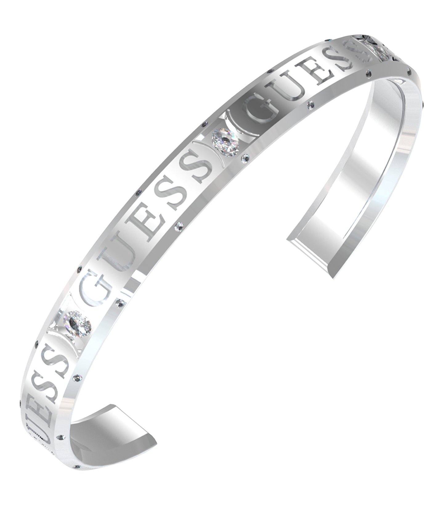Guess Jewellery silver bracelet, side angle view, showcasing its sleek design and shimmering finish against a white background.