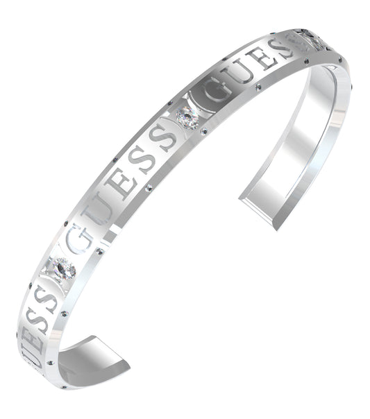 Guess Jewellery silver bracelet, side angle view, showcasing its sleek design and shimmering finish against a white background.