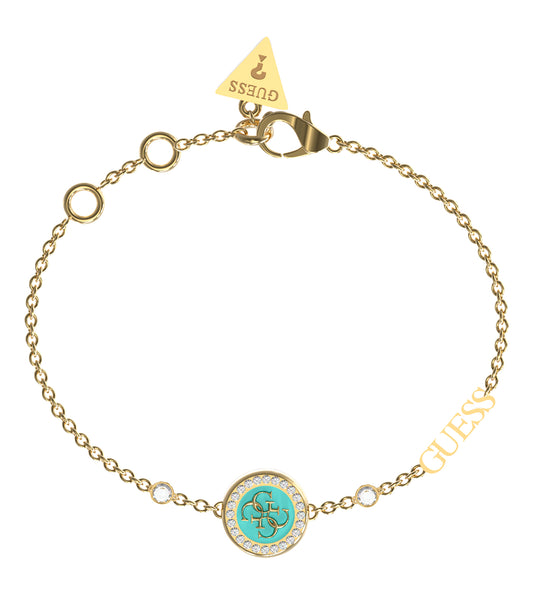 Guess Jewellery gold and aqua bracelet, viewed from an angle, highlighting its elegance and luxurious appeal with detailed adornments.
