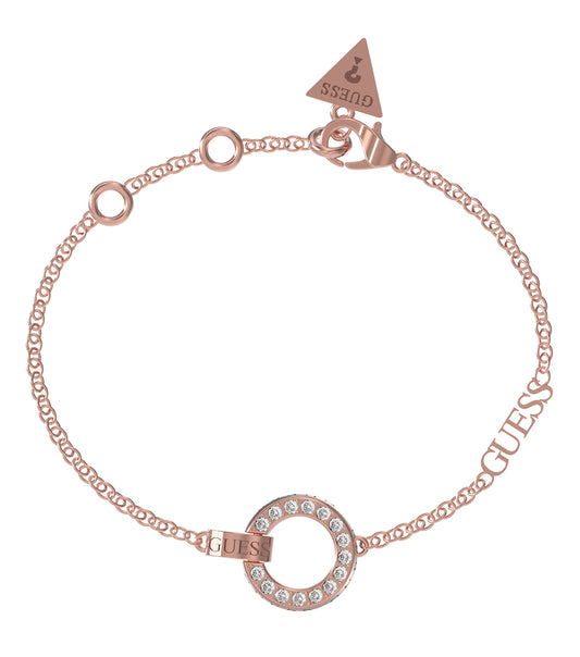 Rose gold Guess Jewellery bracelet angled beautifully to showcase its elegance and sleek design, reflecting luxury and sophistication.