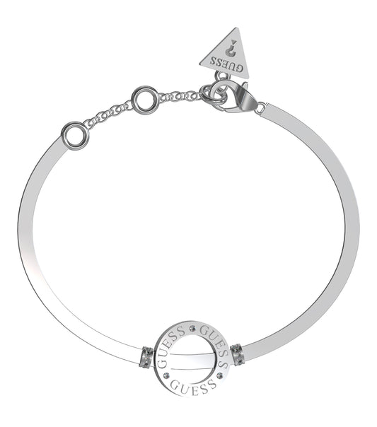  Elegantly angled Guess Jewellery silver bracelet with intricate design, showcasing its lustrous charm and striking details.