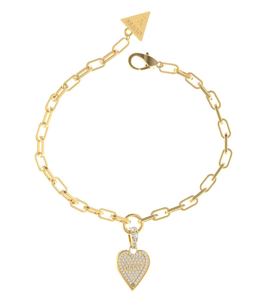 Sophisticated Guess Jewellery gold bracelet, elegantly showcased from a top angle, featuring intricate chain design and luxurious shine.