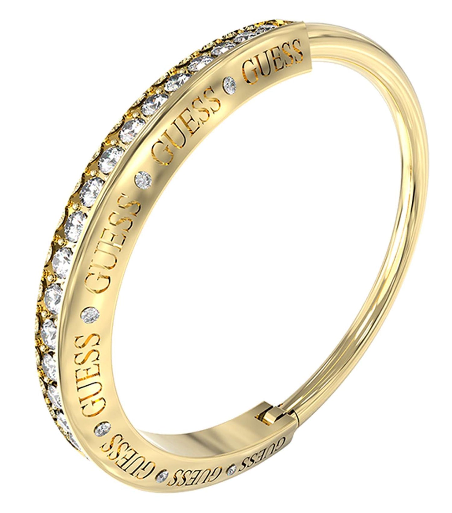 Elegant Guess Jewellery gold bracelet, top-down view, showcasing intricate design and polished finish, perfect for stylish enthusiasts.