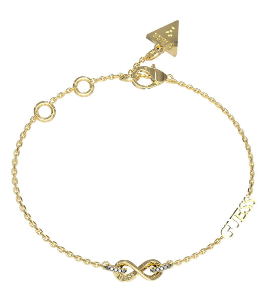 Guess Jewellery gold bracelet, side angle view showcasing elegant design and polished finish against a soft white background.