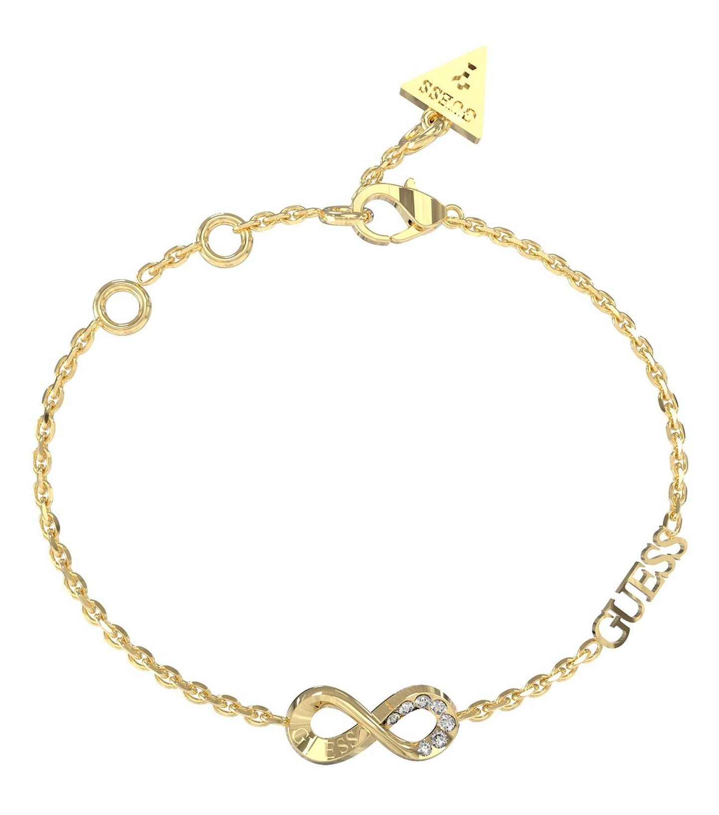 Gold-tone Guess Jewellery bracelet elegantly displayed at a slight angle highlighting intricate chain design and polished finish.