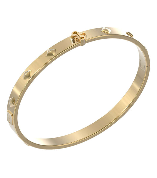Gold Guess Jewellery bracelet with elegant design, vibrant sheen, pictured at a three-quarter angle, showcasing its exquisite craftsmanship.