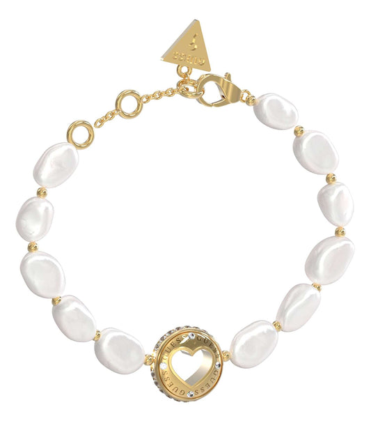 Guess Jewellery gold bracelet, elegantly showcased at a slight angle to highlight its lustrous shine and exquisite design.