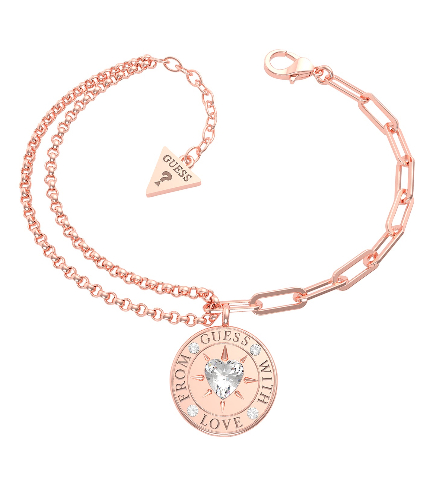 Guess Jewellery Rose Gold Bracelet showcasing an elegant side angle view, highlighting intricate design and luxurious rose gold hue.