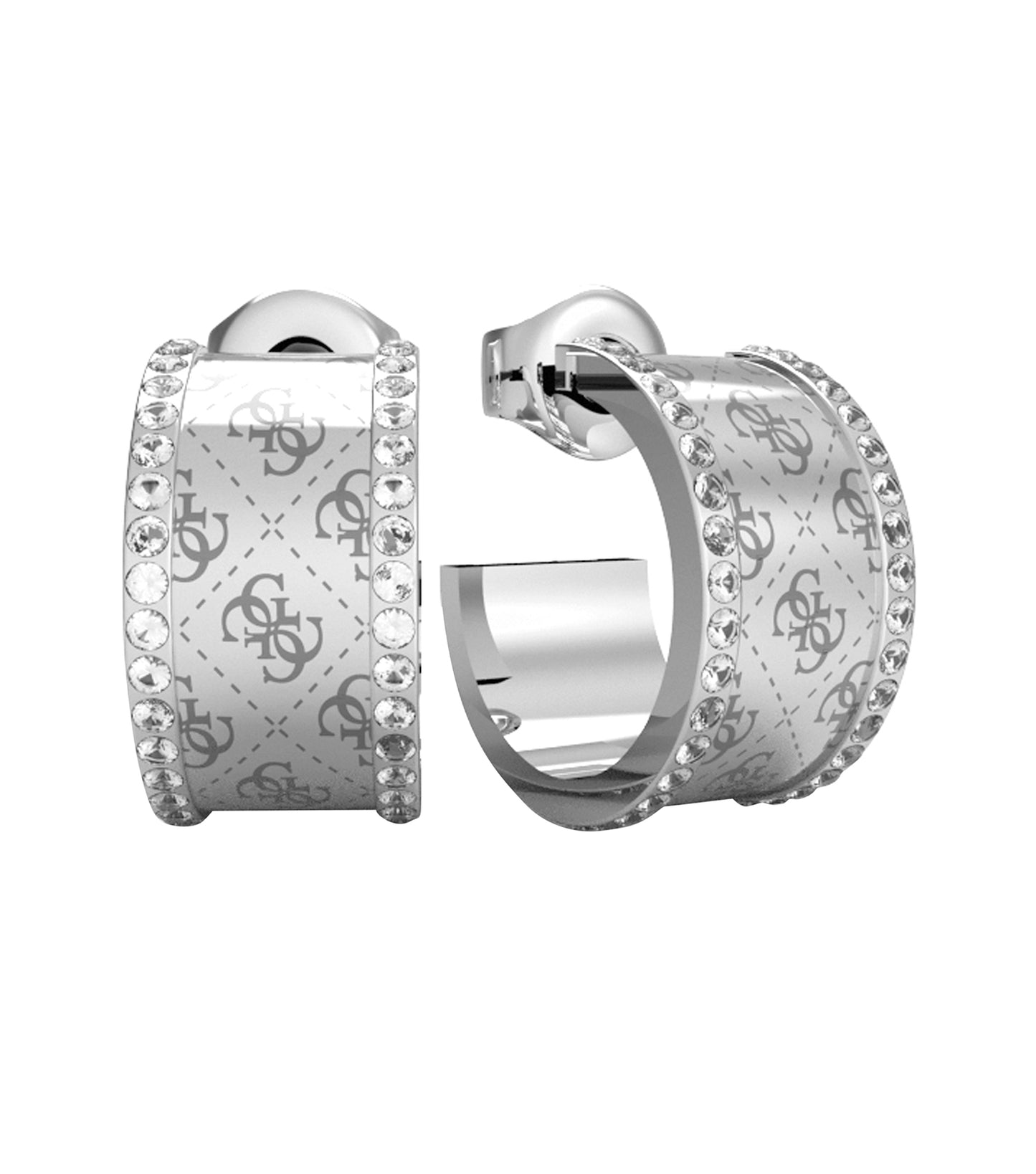Guess Jewellery silver earring with a teardrop design, angled front view showcasing intricate details and premium craftsmanship.