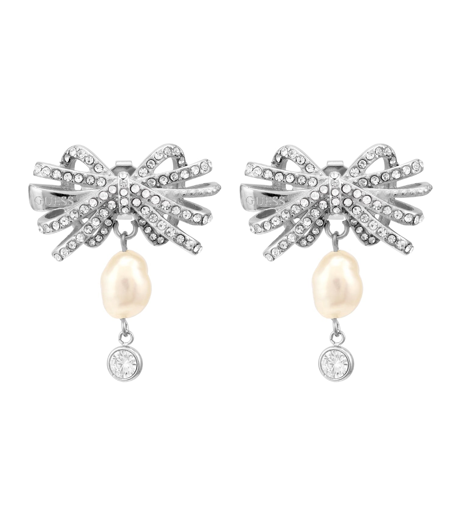 Guess Jewellery Silver Earring, Front View; Lustrous Silver Hue, Stylish Modern Design, Emphasizing Sophisticated Elegance