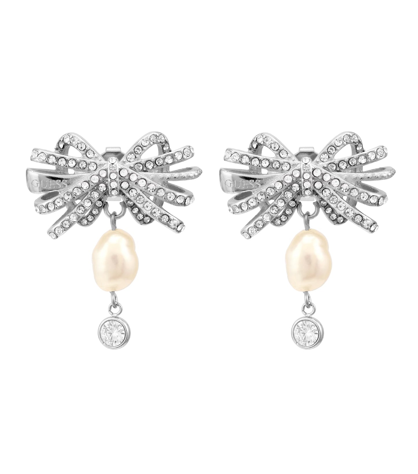 Guess Jewellery Silver Earring, Front View; Lustrous Silver Hue, Stylish Modern Design, Emphasizing Sophisticated Elegance