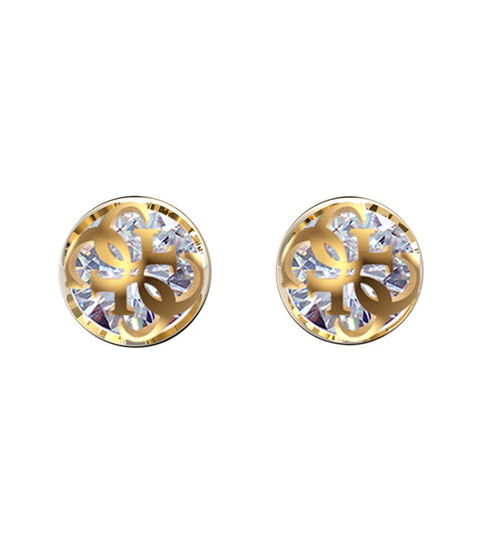 Gold-colored Guess Jewellery earrings showcased at a slight angle, highlighting elegant design and craftsmanship.