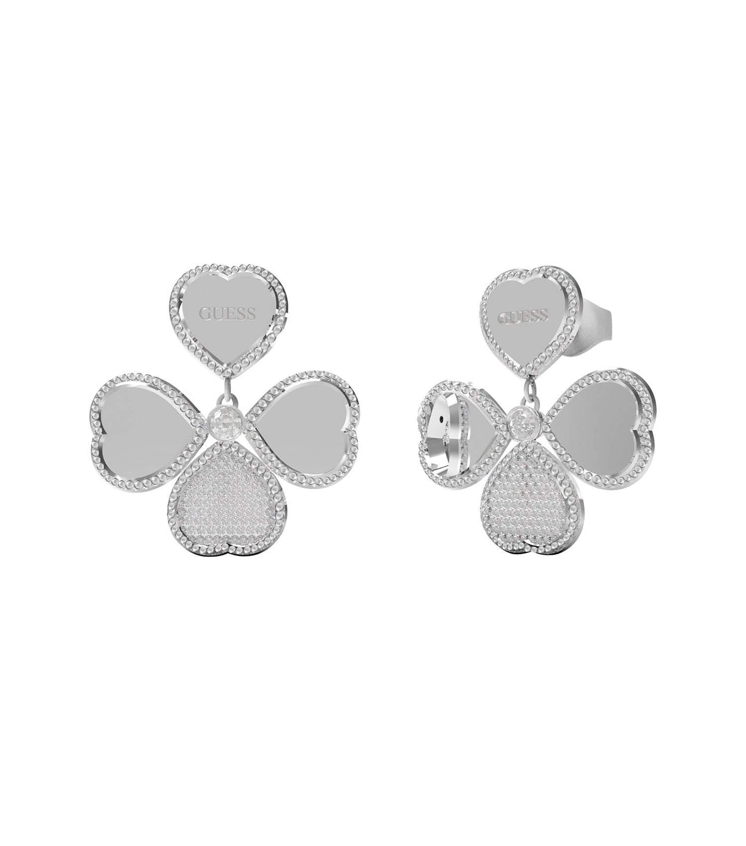 Guess Jewellery silver earring, showcased at a slightly elevated angle, highlighting its sleek design and intricate details.