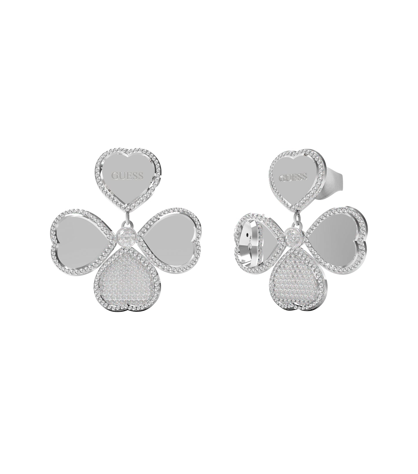 Guess Jewellery silver earring, showcased at a slightly elevated angle, highlighting its sleek design and intricate details.