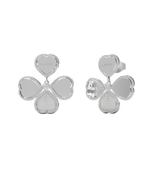 Guess Jewellery silver earring, showcased at a slightly elevated angle, highlighting its sleek design and intricate details.