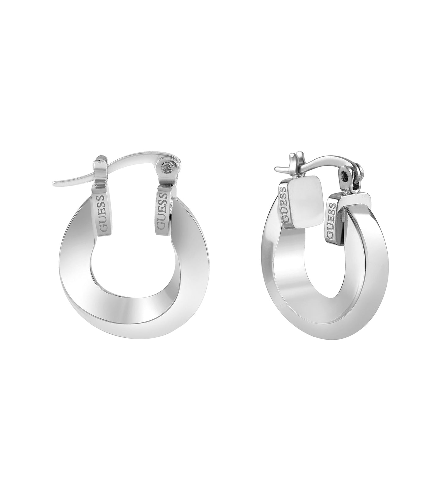 Guess Jewellery silver earring, front view, elegant design, shimmering surface, set against a clean background, perfect for style lovers.