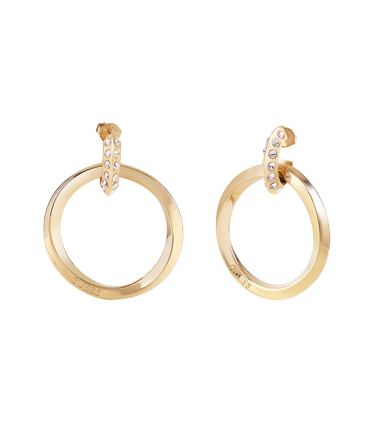 Elegant Guess Jewellery gold earring with a hoop design set at a three-quarter angle, showcasing intricate detailing and shine.