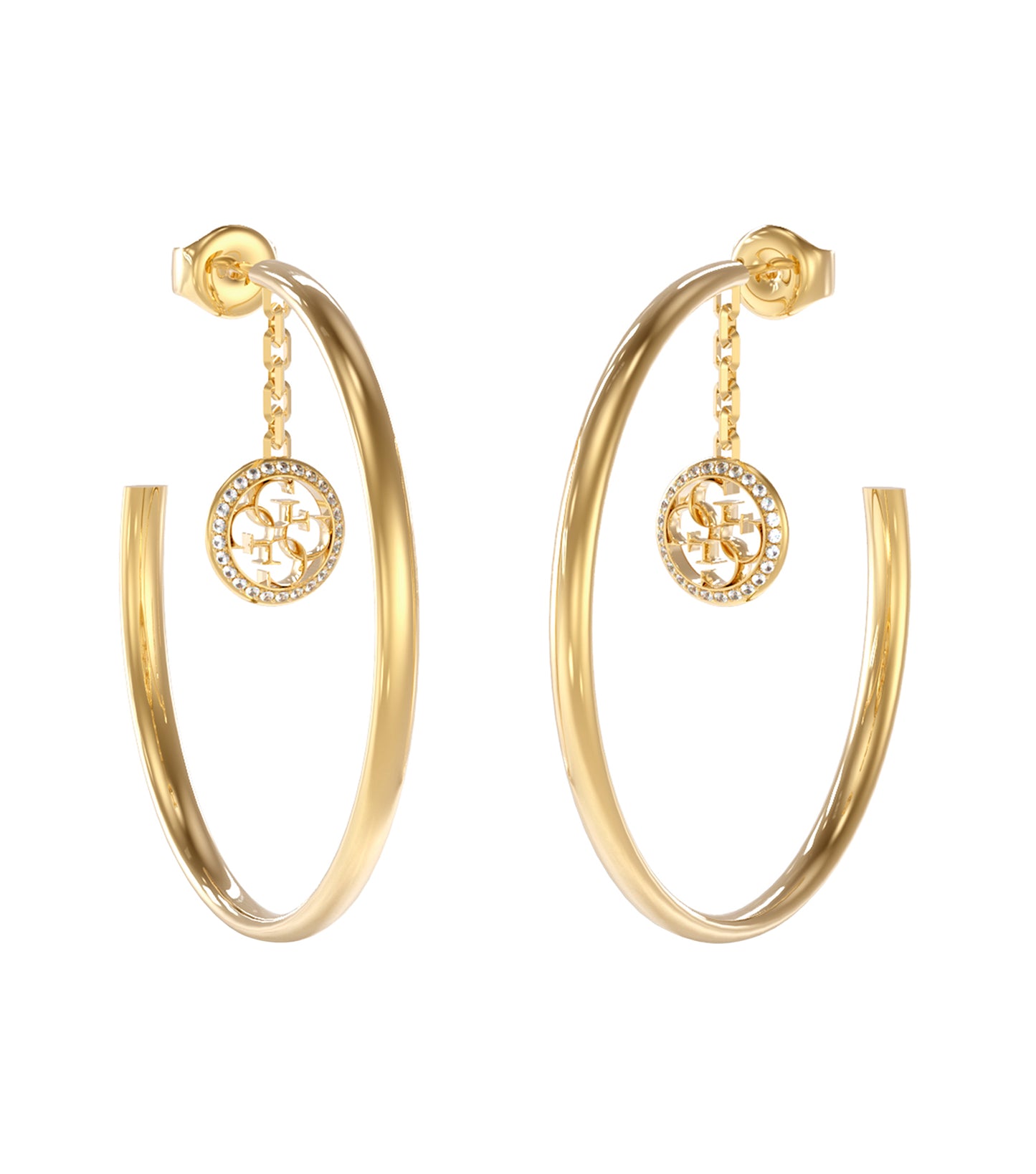 Gold color Guess Jewellery earring angled to the left, showcasing its elegant design and shimmering surface against a light background.