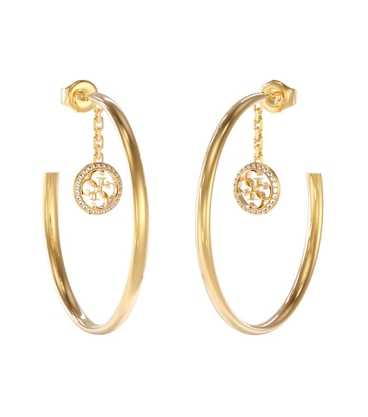 Gold color Guess Jewellery earring angled to the left, showcasing its elegant design and shimmering surface against a light background.