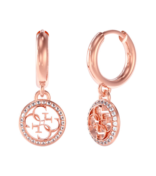 Gold-colored Guess Jewellery earring close-up, showcasing intricate detail from a side angle, highlighting radiant elegance.