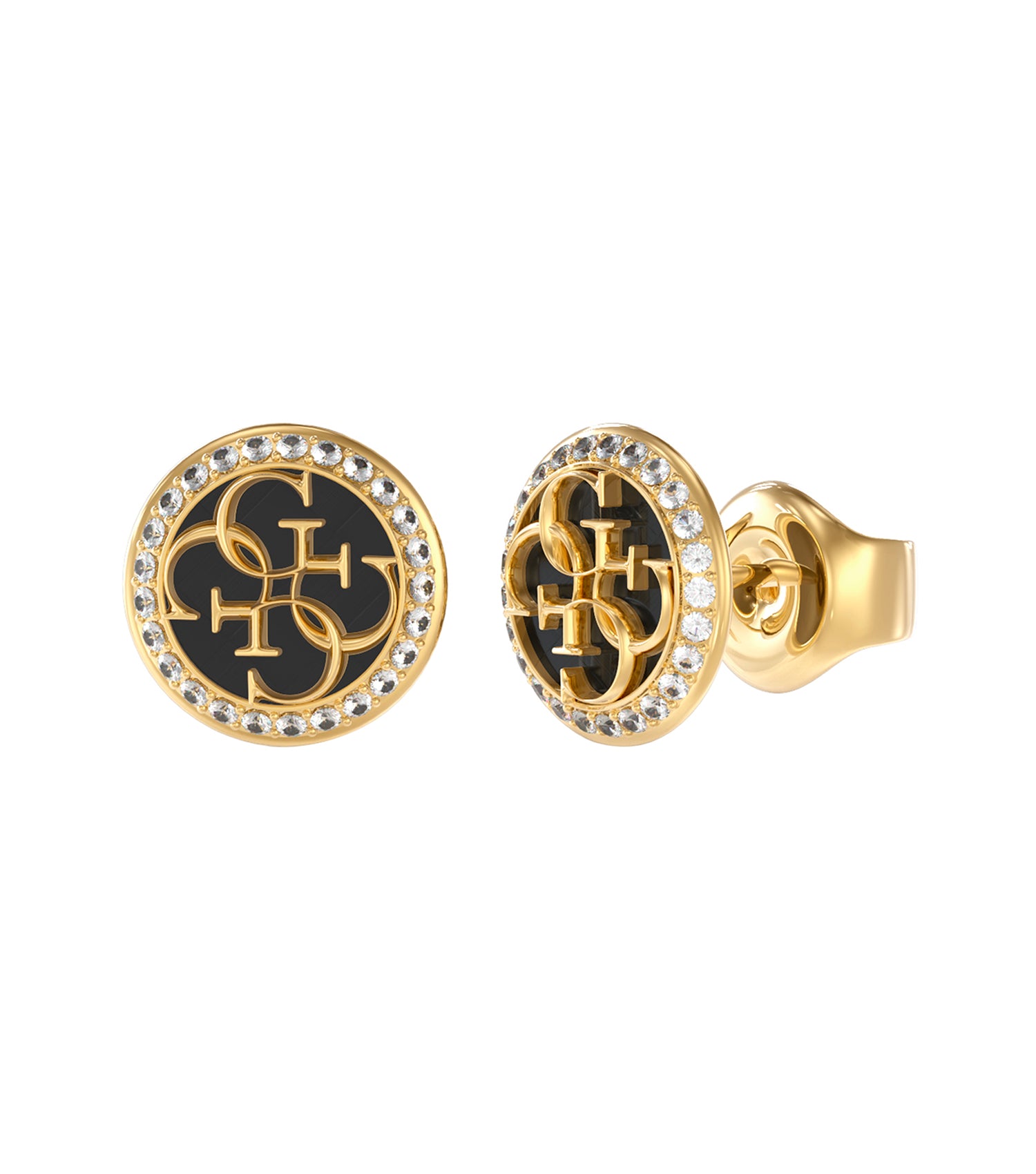  Guess Jewellery gold-colored earring, close-up of intricate hoop design at an angled view, showcasing luxury and style.