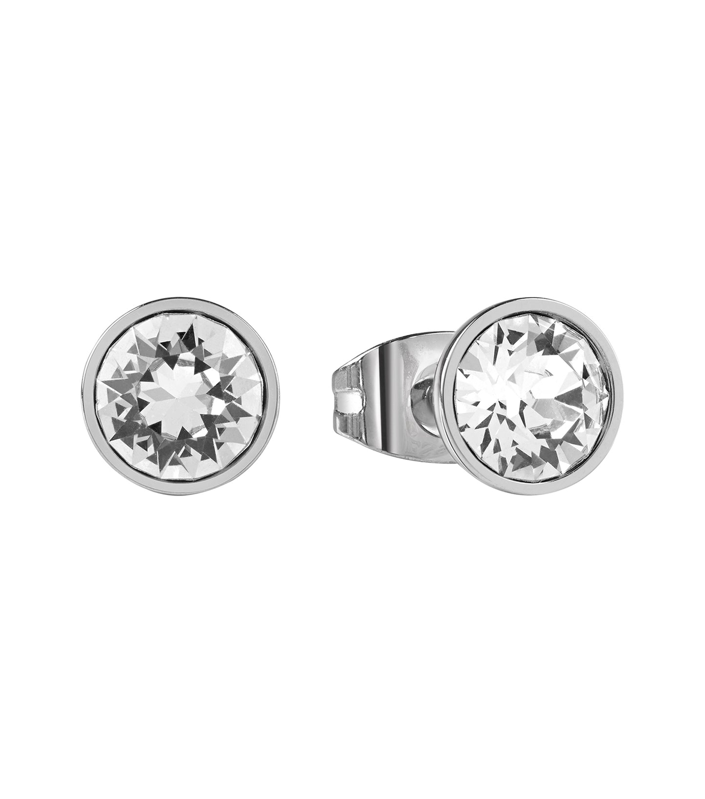 Guess Jewellery silver earring, front view, showcasing sleek design and polished finish, enhancing any stylish ensemble.