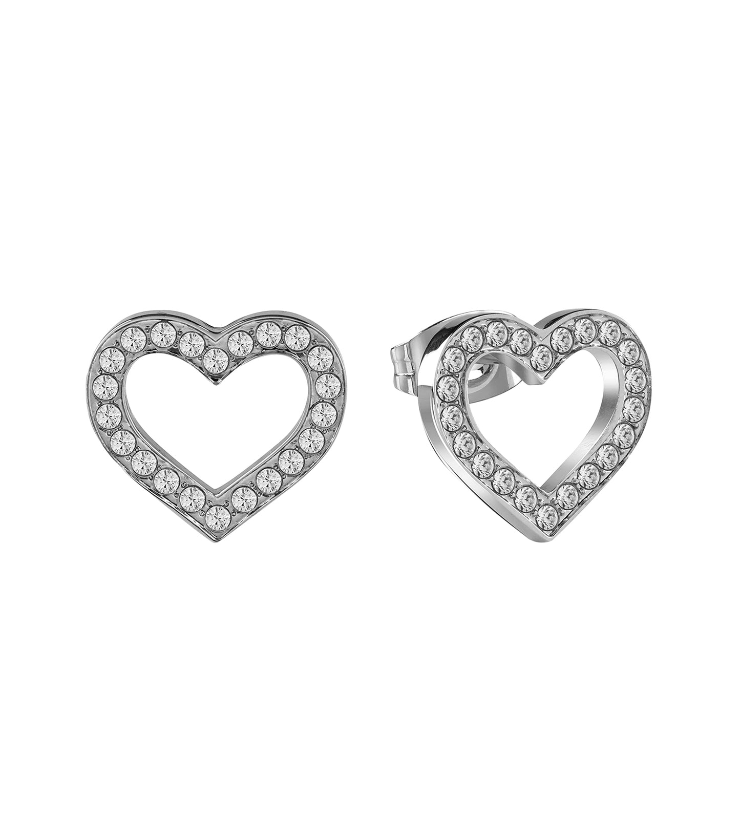 Silver Guess Jewellery earring with intricate design, positioned at a slight angle showcasing its elegant curves and fine craftsmanship.