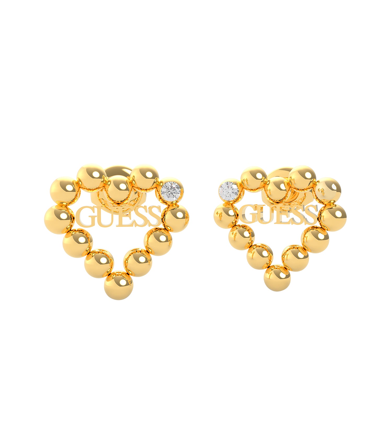 Side view of a Guess Jewellery gold earring, showcasing a sleek design with elegant curves against a white background.
