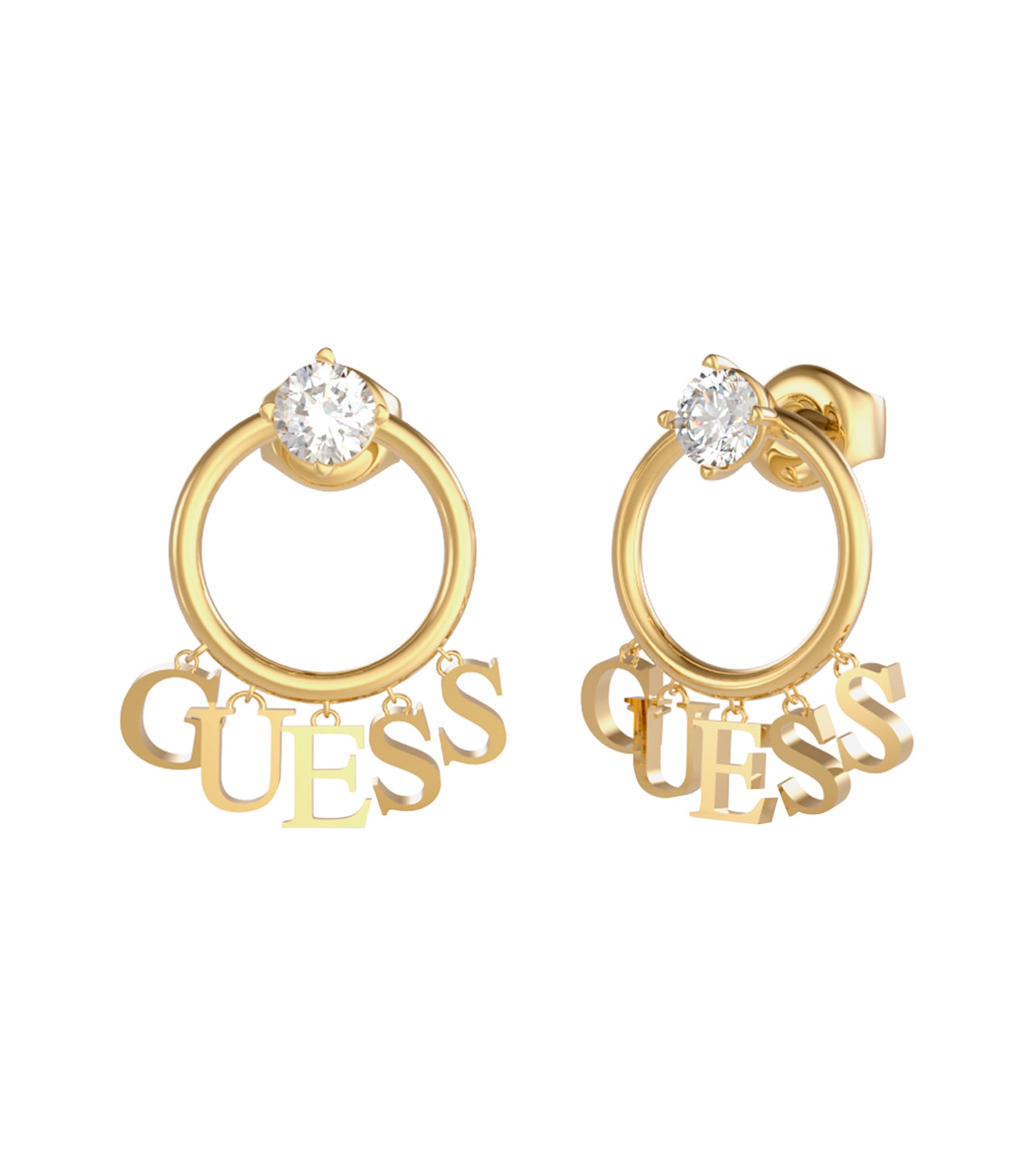Passionate about accessories, Guess Jewellery gold earring pictured from a side view, highlighting its elegant shimmer.