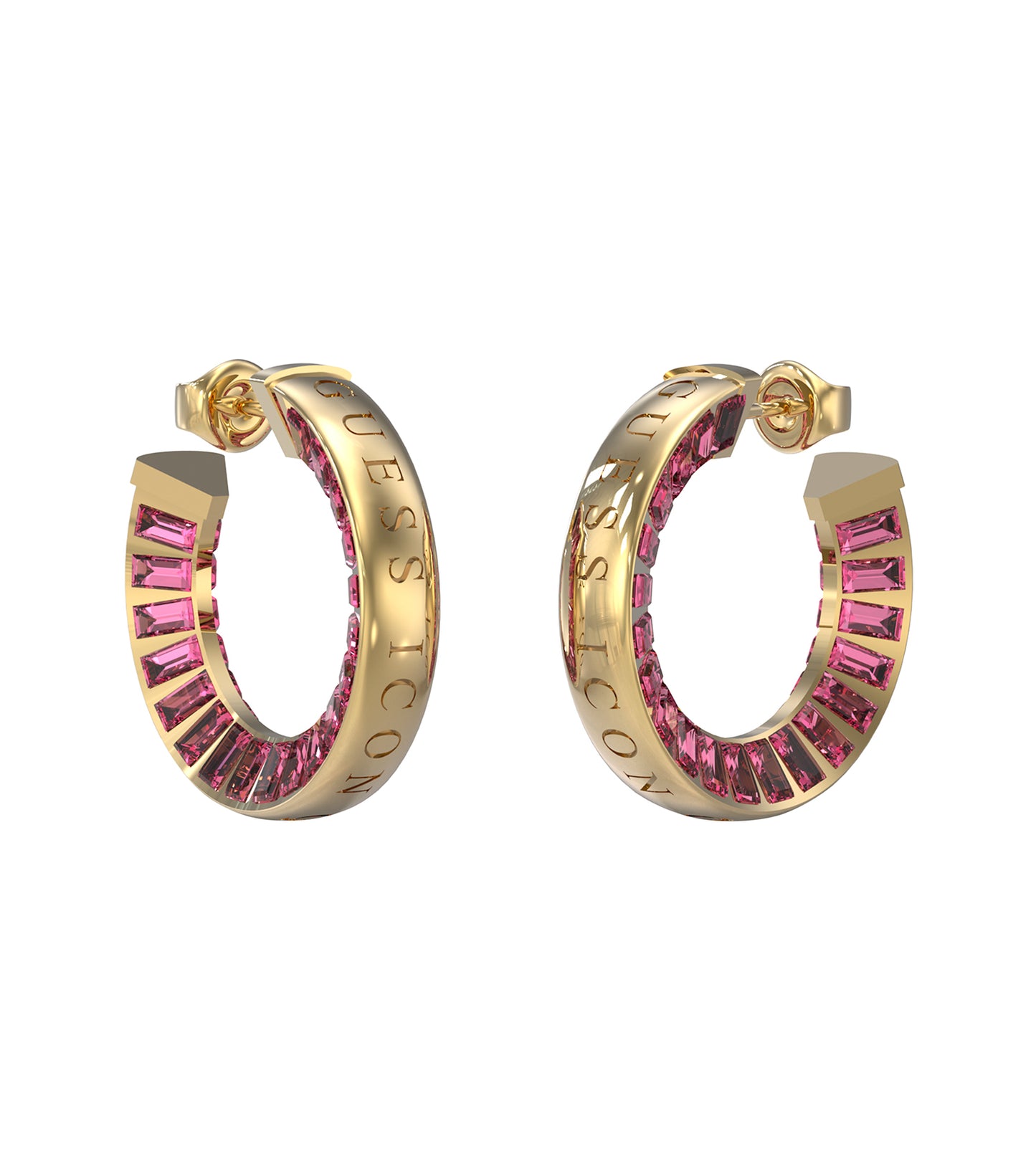 Elegant Guess Jewellery earring in gold and clear color, side angle view against white background, showcasing intricate detailing.