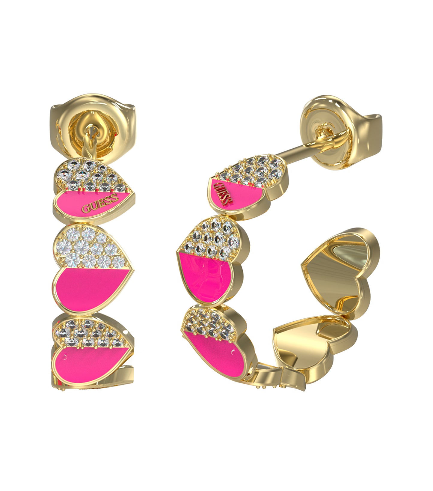 Gold and white Guess Jewellery earring displayed at a 23-degree angle, highlighting its elegant design and chic craftsmanship.