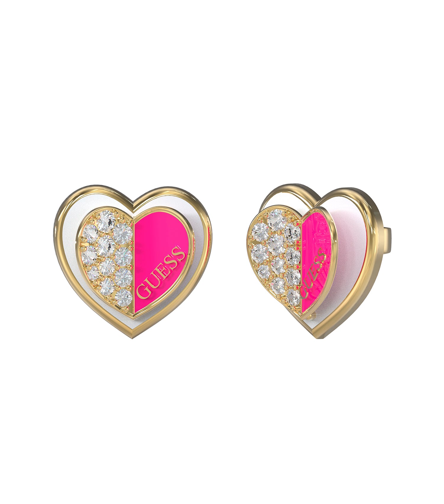 Guess Jewellery gold and fuxia earrings pair, side angle showcasing vibrant color, highlighting elegant design and brand charm
