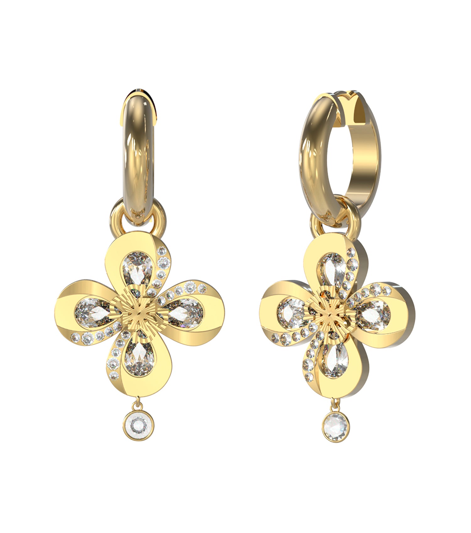 Guess Jewellery gold earring at a 40-degree angle; elegant design, reflecting passion for stylish accessories in a sleek gold finish.
