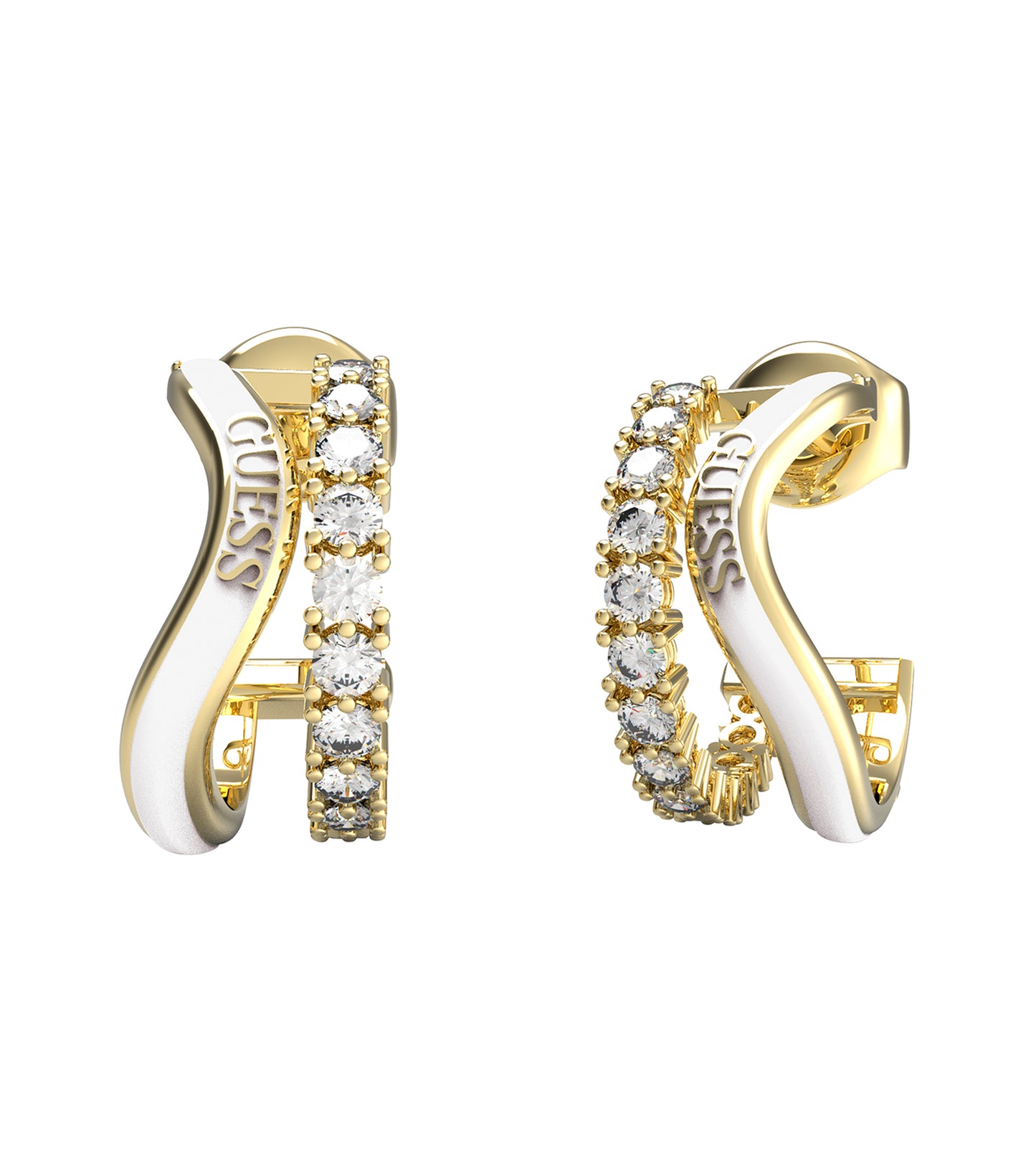 Gold-tone Guess Jewellery earring displaying elegant curves, captured from an angled top view, embodying understated luxury.