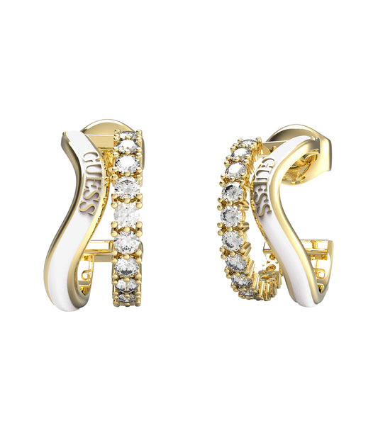 Gold-tone Guess Jewellery earring displaying elegant curves, captured from an angled top view, embodying understated luxury.