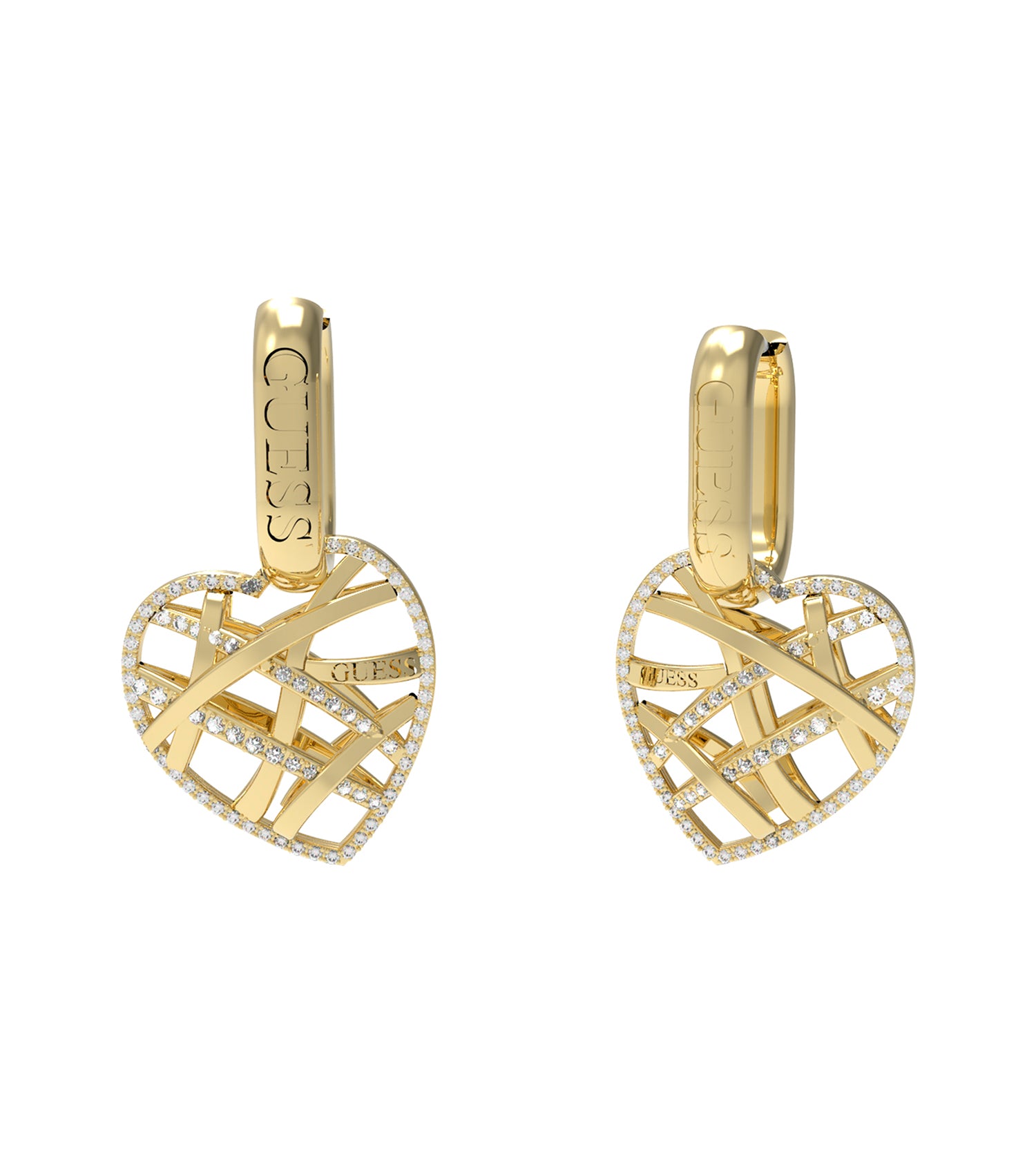 Gold-colored Guess Jewellery earrings with a close-up angle, showcasing intricate detailing and a timeless elegant design.