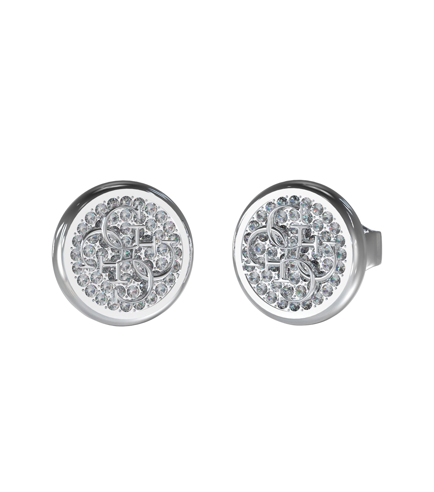 Silver earring by Guess Jewellery, elegantly displayed from a side angle, showcasing its lustrous finish against a serene white backdrop.
