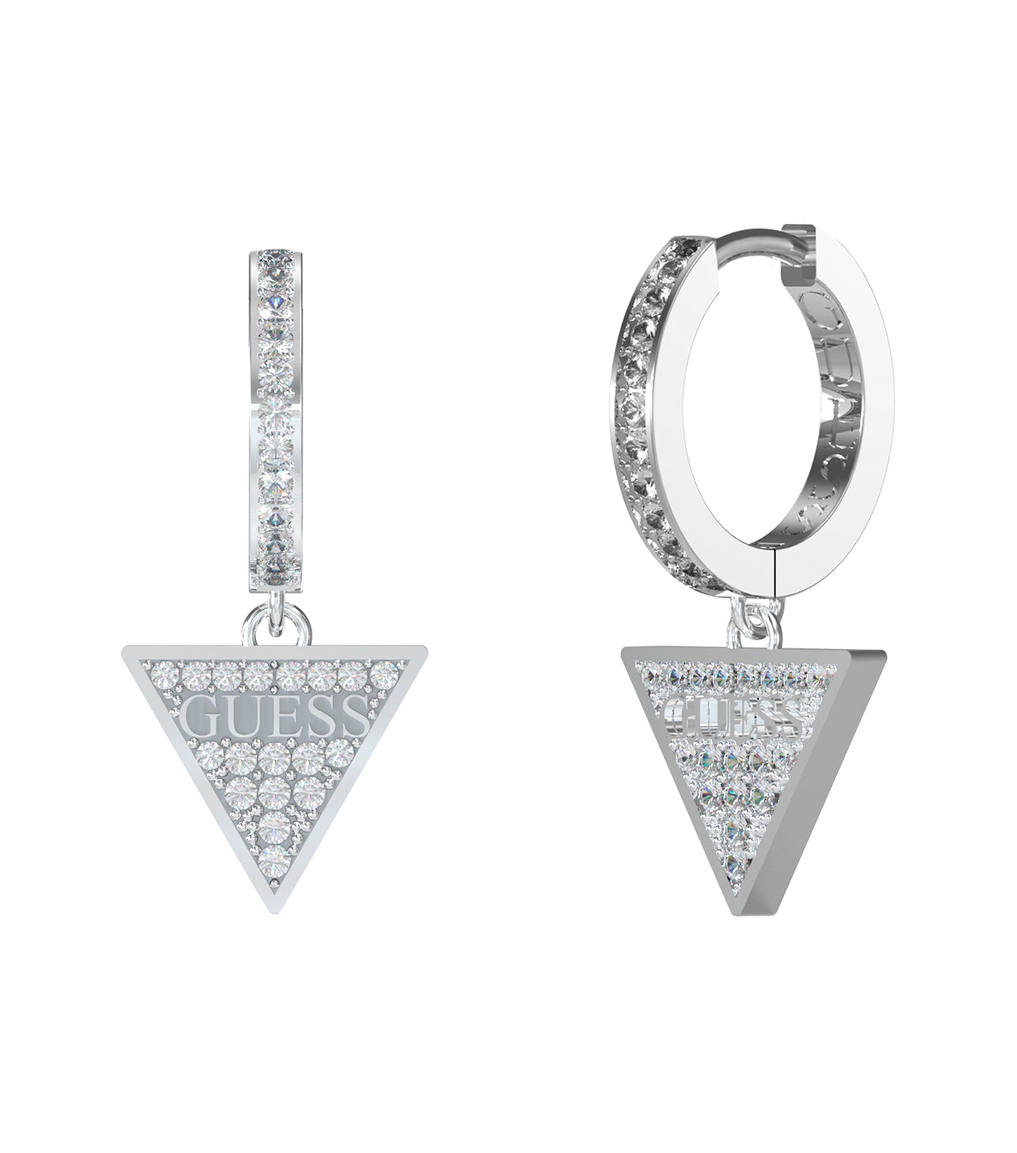 Guess Jewellery silver earring with elegant teardrop design, captured at an enticing front angle on a pristine white background.