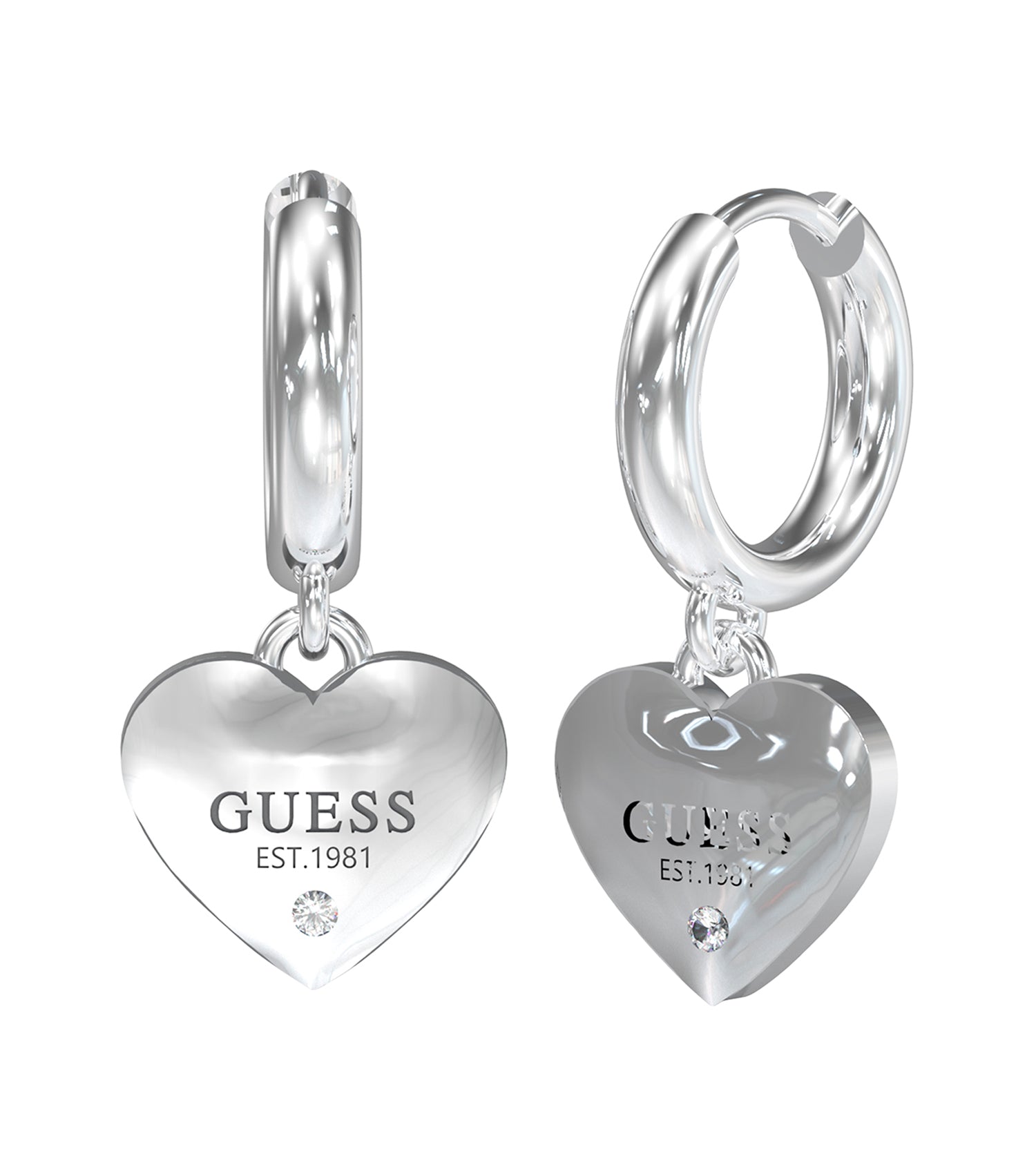 Silver Guess Jewellery earring with elegant design, angled front view showcasing intricate detailing and polished finish.