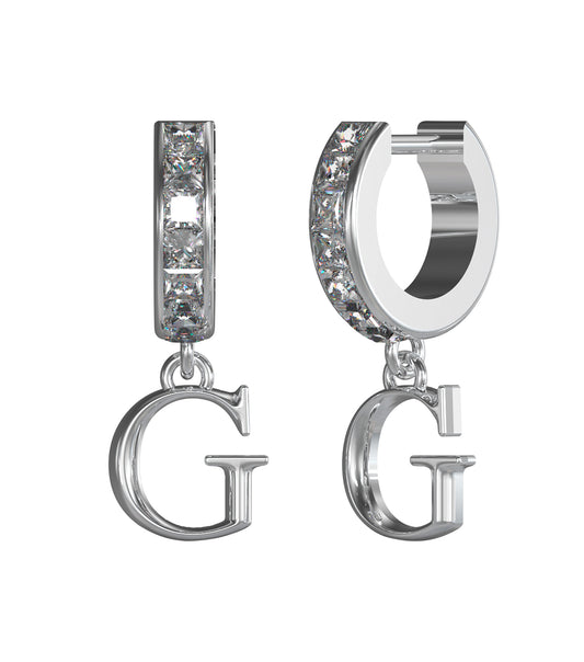 Guess Jewellery silver earring with intricate design, beautifully captured from a frontal angle, showcasing elegance and style.