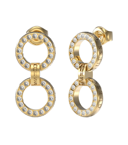 Golden Guess Jewellery earring delicately captured from a front angle, showcasing its sleek design and radiant gold hue.