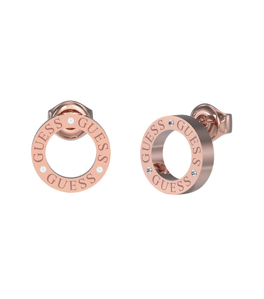 Rose Gold Guess Jewellery Earring angled at 45 degrees, with delicate detailing, stylish and captivating; perfect for fashion enthusiasts.